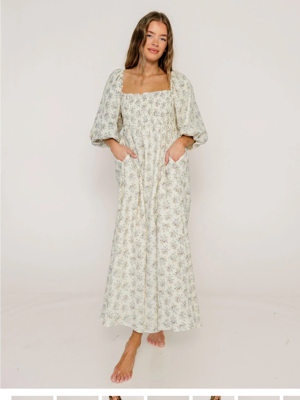 Smocked Square-Neck Cream Floral Maxi Dress - Picture 2 of 6